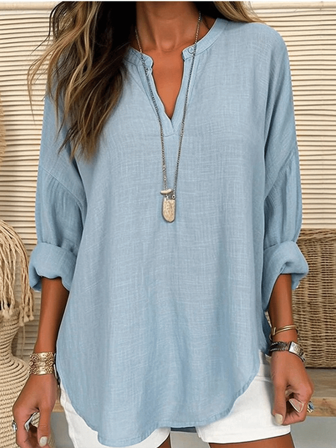 Women's Cotton Long Sleeve Round Neck Solid Color Loose Beach Shirt-DESTINY