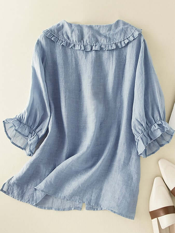 Cotton Linen Loose Peter Pan Ruffles Neck Shirt-DESTINY