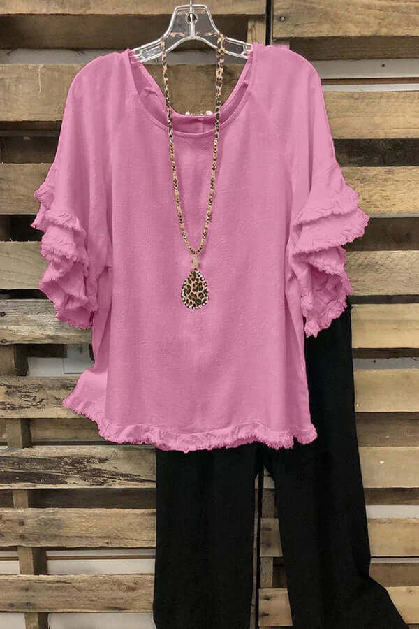 Ruffled Cotton Blouse With Round Neckline-DESTINY