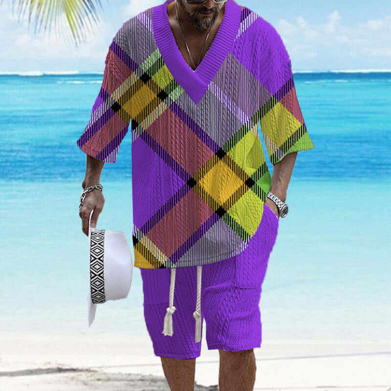 Men's Printed Short Sleeve Shorts Textured Set 02900264YY-DESTINY