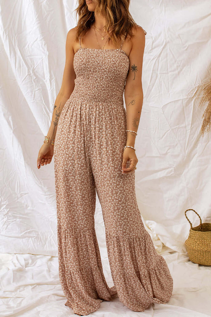 Floral spaghetti strap smocking jumpsuit with wide leg-DESTINY
