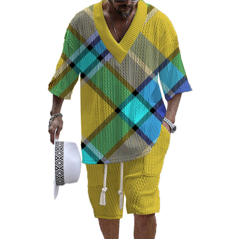 Men's Printed Short Sleeve Shorts Textured Set 02900264YY-DESTINY