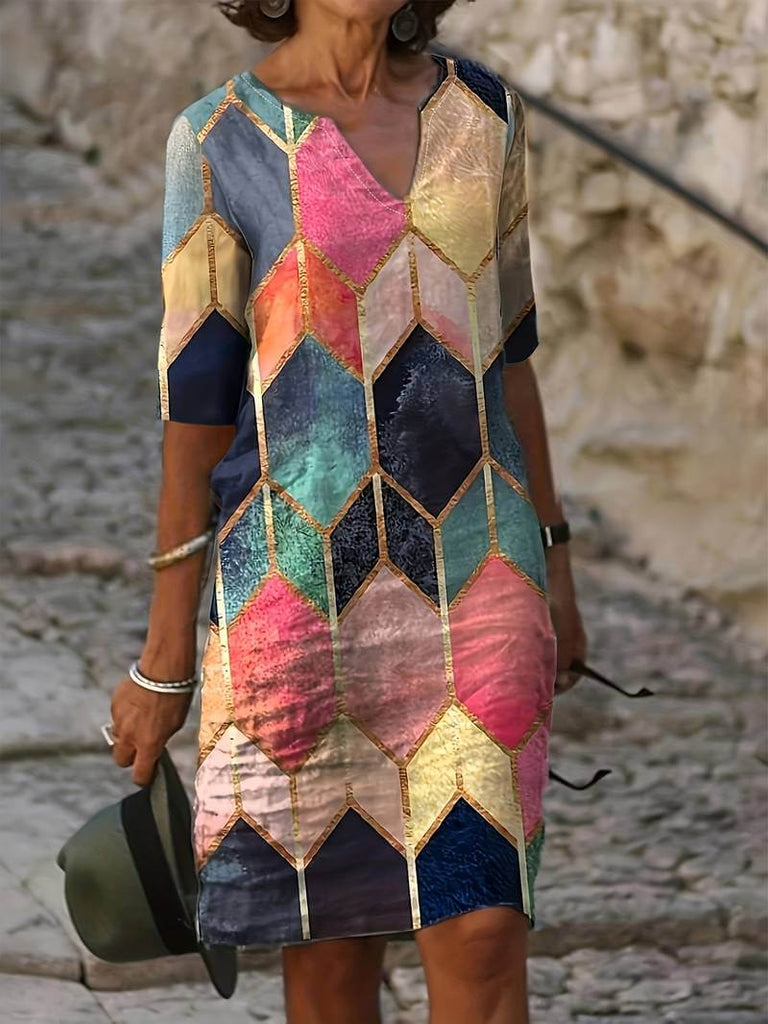 Mosaic - Long dress with V-neck and multicoloured print-DESTINY