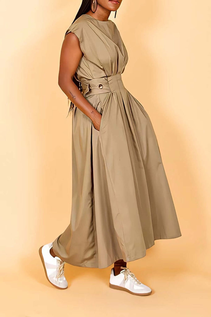 Fashion High Plicated Waist Dress With Porckets-DESTINY