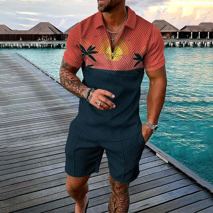 Leisure Sunset Beach Print Polo Shirt And Shorts Co-Ord-DESTINY