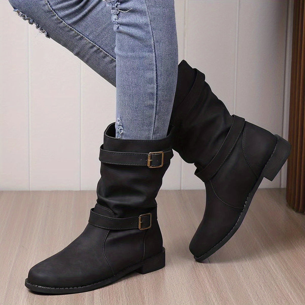 Vintage charm slouchy buckle strap western ankle boots-DESTINY