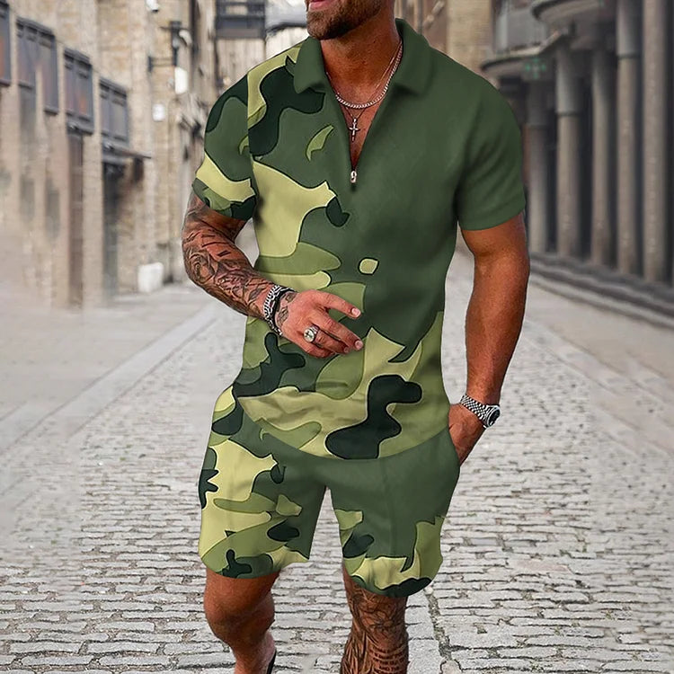 Men's Camouflage Irregular Pattern Short Sleeve Polo Shirt And Shorts Co-Ord