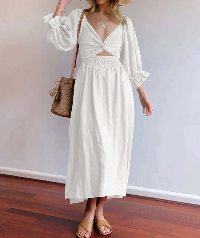 French Ruffled Lantern Sleeves Multi-wear Dress White-DESTINY