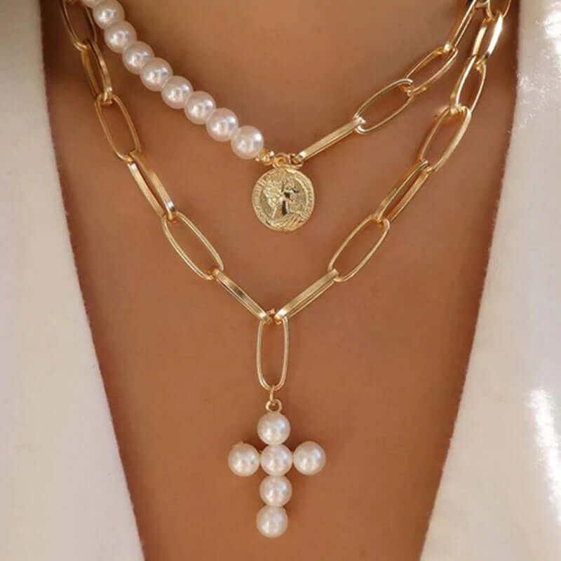 Cross Pearl Necklace-DESTINY