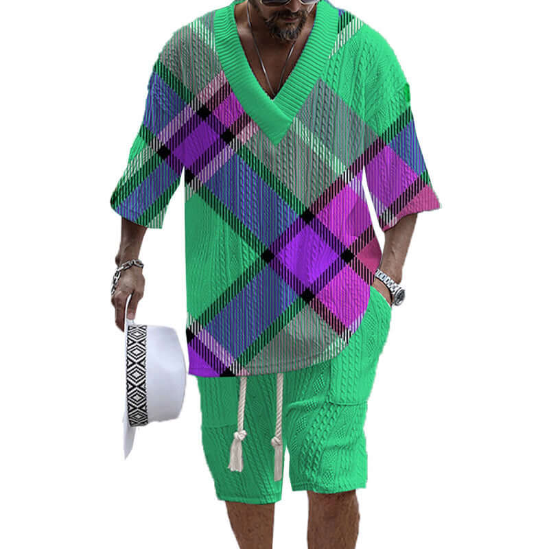 Men's Printed Short Sleeve Shorts Textured Set 02900264YY-DESTINY