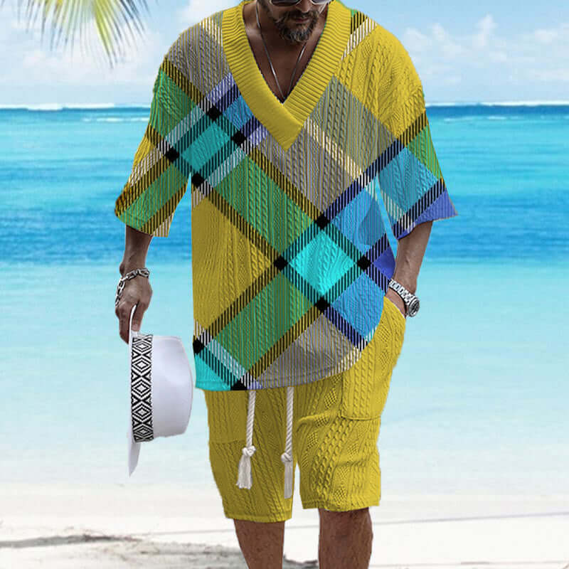 Men's Printed Short Sleeve Shorts Textured Set 02900264YY-DESTINY