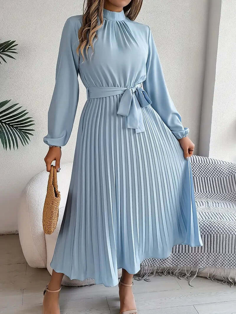 Layla – plain dress with stand-up collar and pleated belt-DESTINY