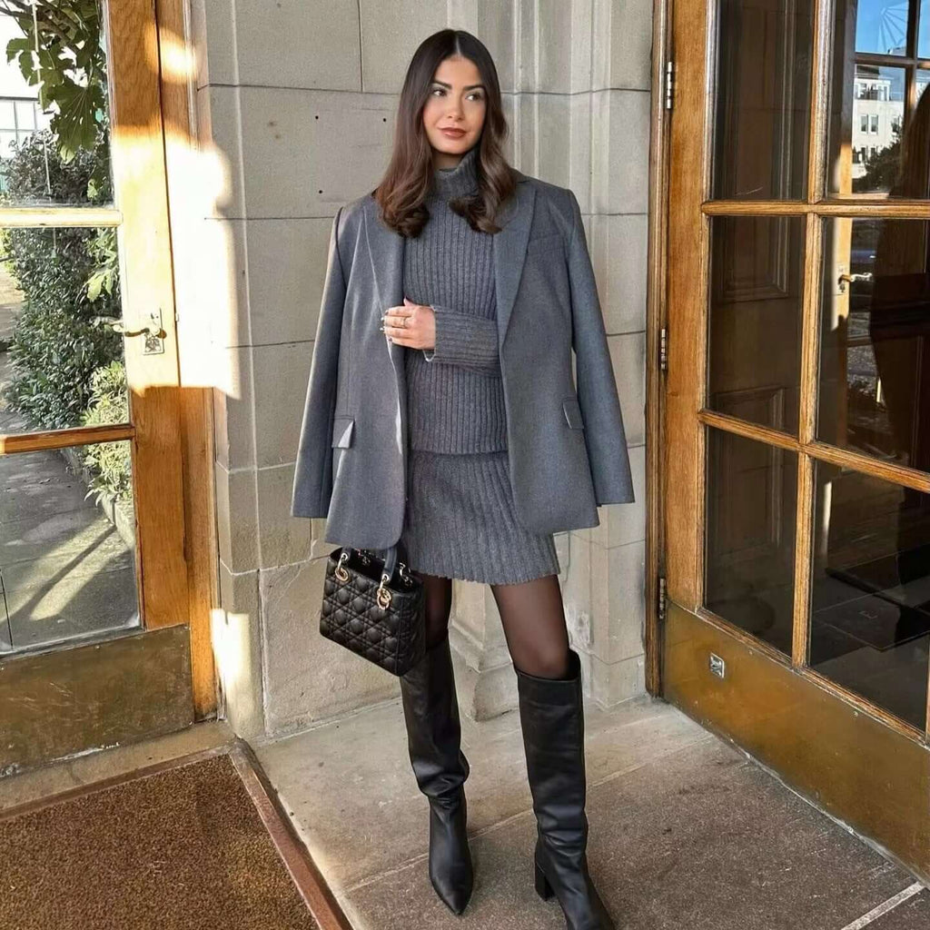 Sophia - Ribbed turtleneck jumper with crop cut and pleated skirt set-DESTINY