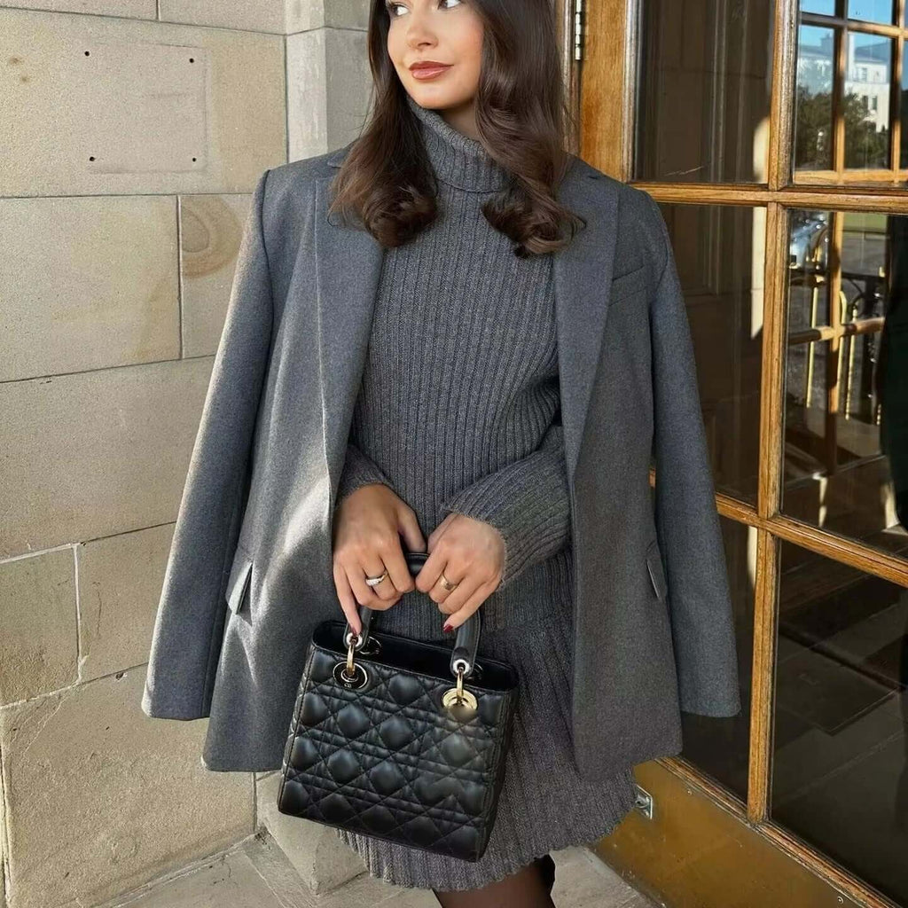 Sophia - Ribbed turtleneck jumper with crop cut and pleated skirt set-DESTINY