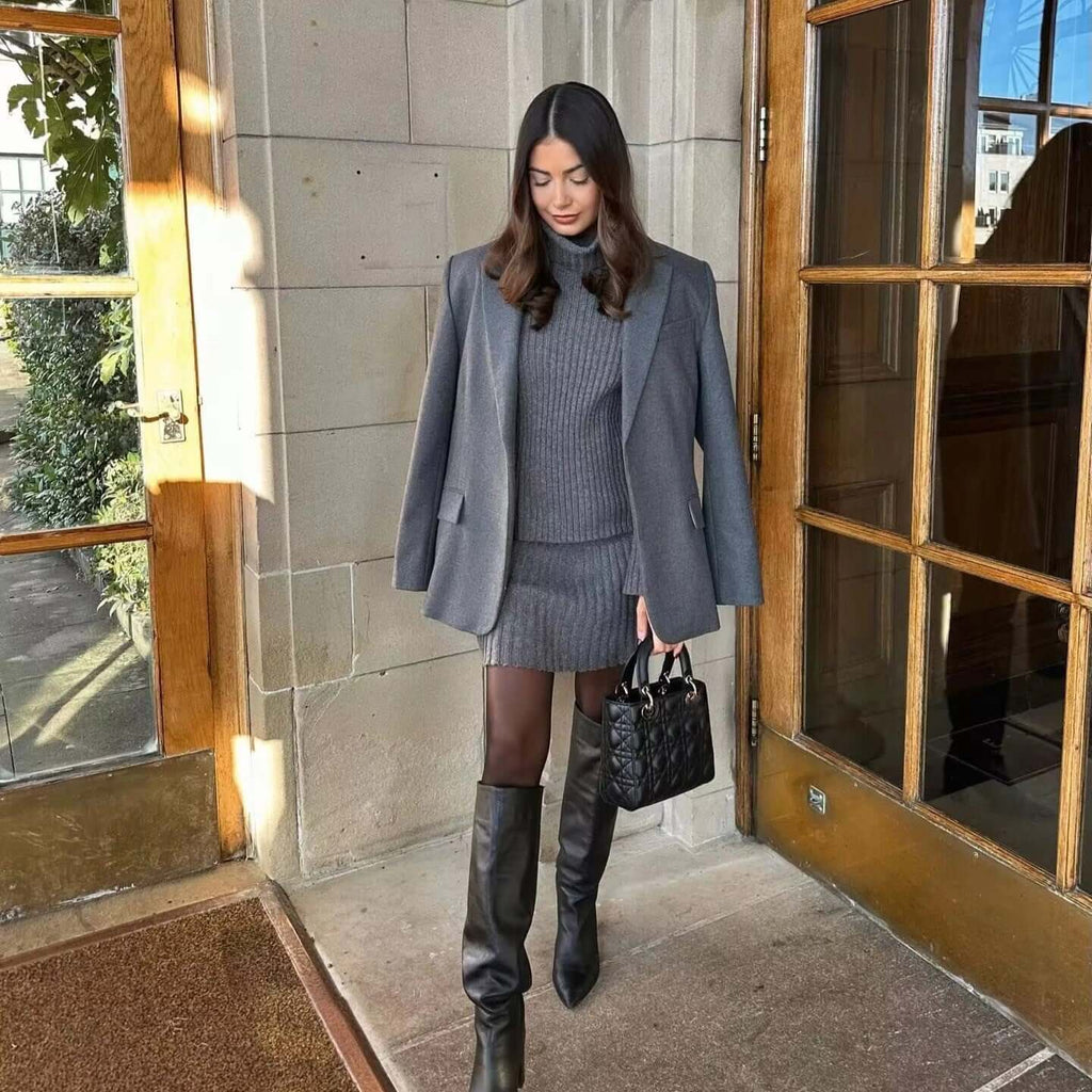 Sophia - Ribbed turtleneck jumper with crop cut and pleated skirt set-DESTINY