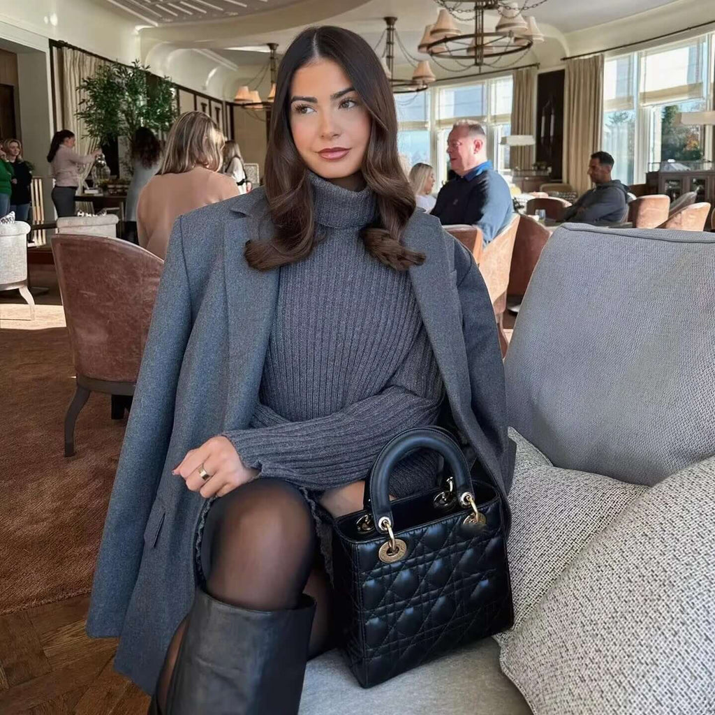 Sophia - Ribbed turtleneck jumper with crop cut and pleated skirt set-DESTINY