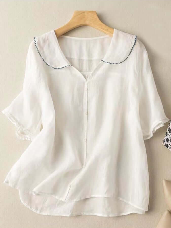 Cotton And Linen Retro Short Sleeved Navy Doll Collar Thin Shirt-DESTINY