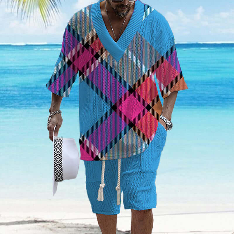 Men's Printed Short Sleeve Shorts Textured Set 02900264YY-DESTINY