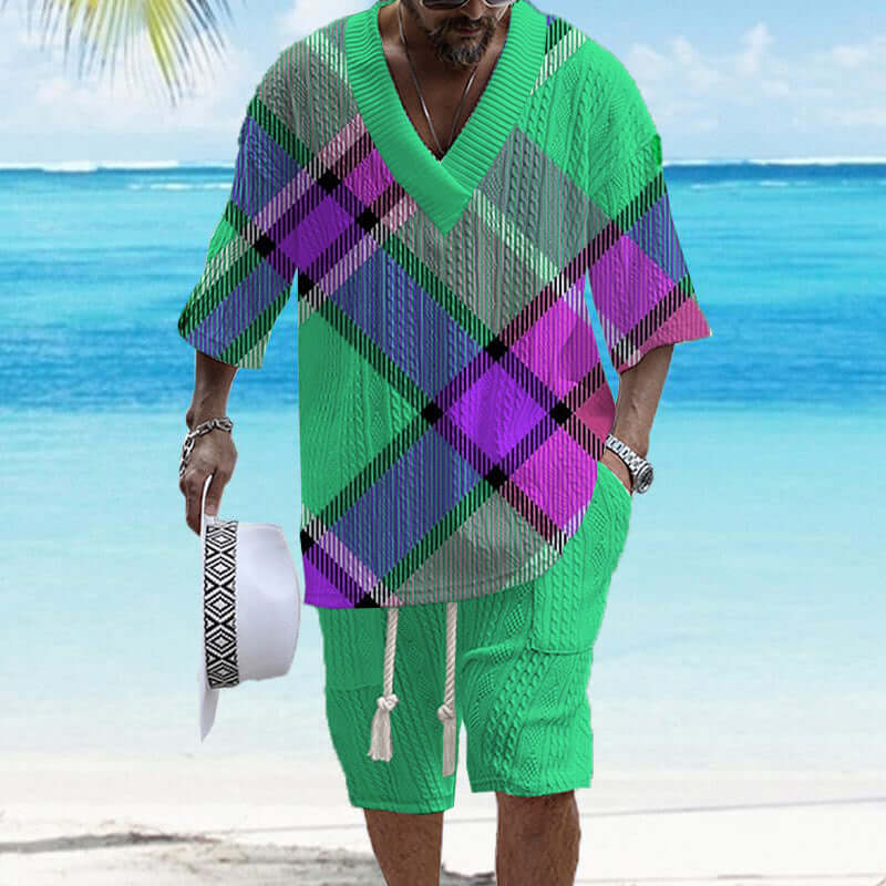 Men's Printed Short Sleeve Shorts Textured Set 02900264YY-DESTINY