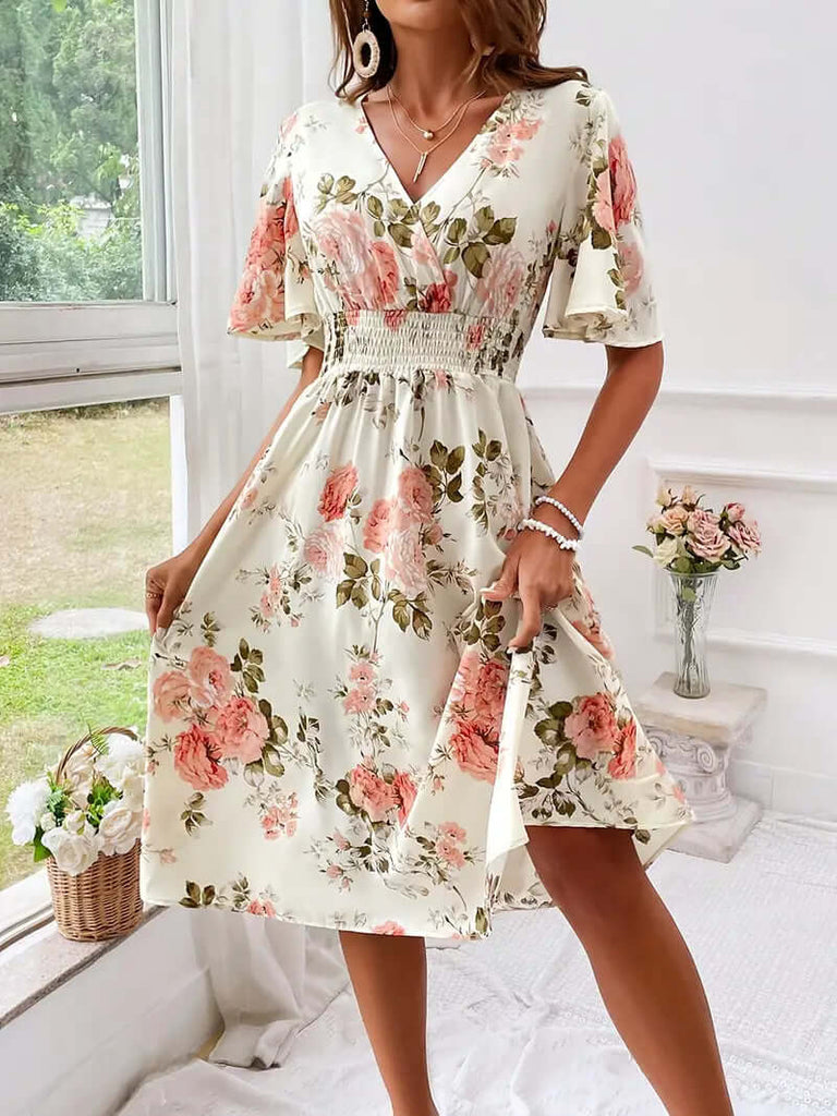 Abigail – dress with v-neck and floral print for summer-DESTINY