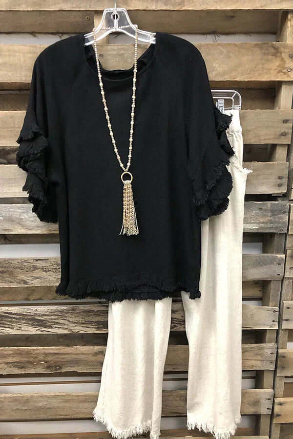 Ruffled Cotton Blouse With Round Neckline-DESTINY