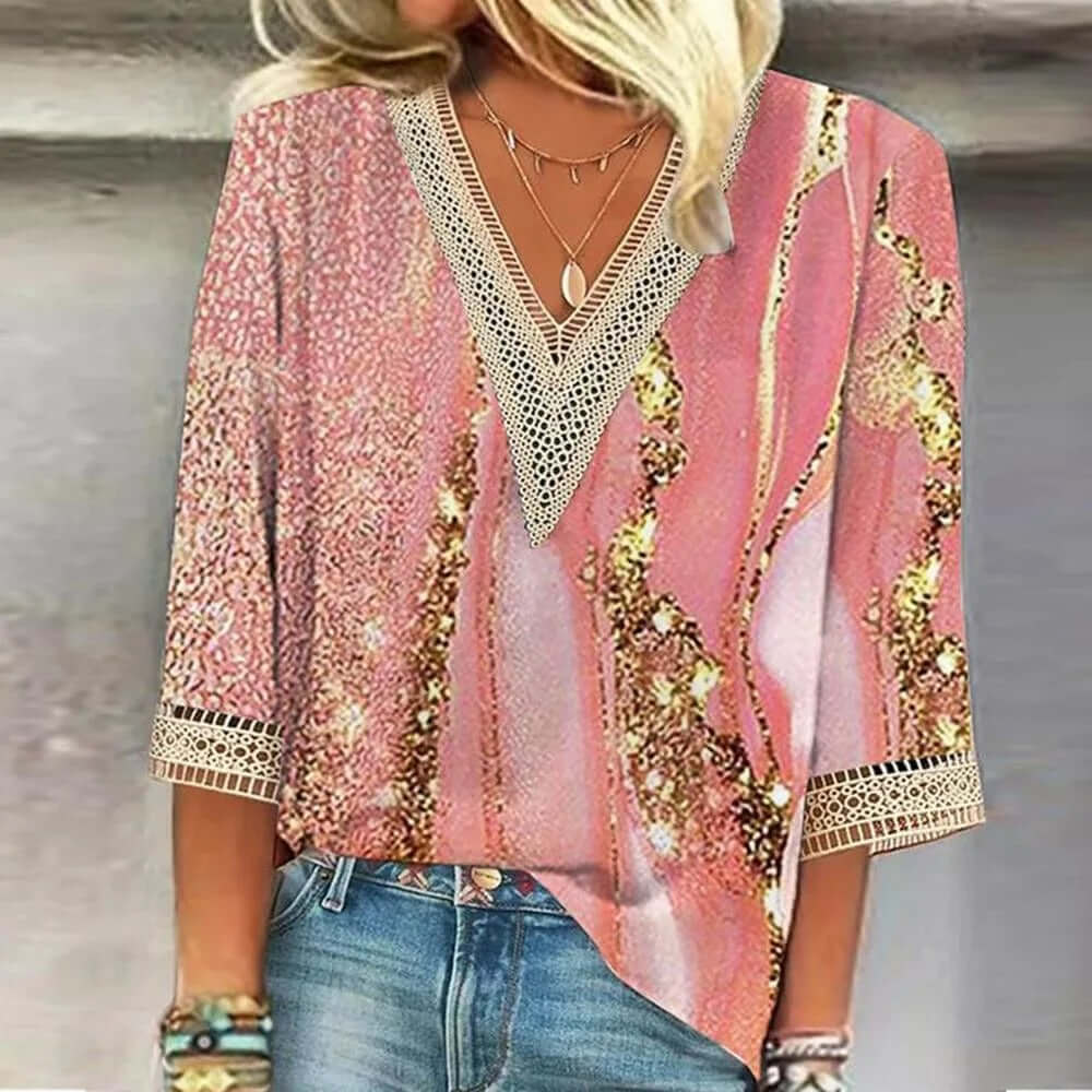 Stylish printed V-neck loose-fitting blouse for women-DESTINY