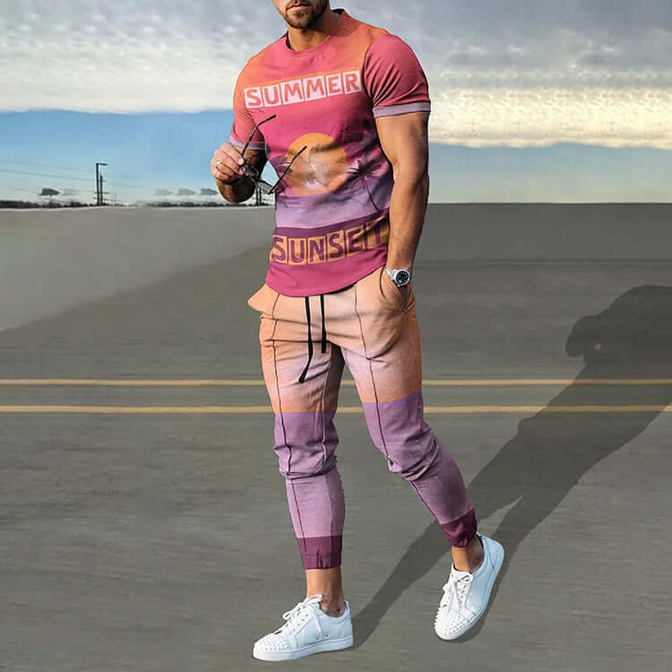 Summer Sunset Print T-Shirt And Pants Co-Ord-DESTINY