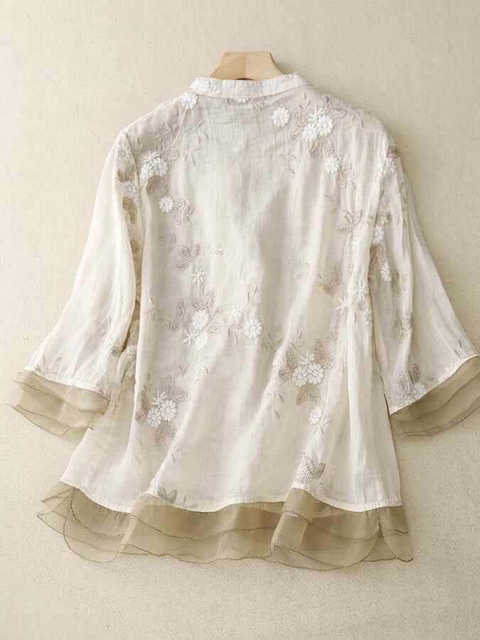 Art Retro Embroidery 3/4 Sleeve Patchwork Shirt-DESTINY