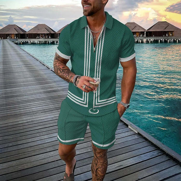 White Stripe Stitching Green Polo Shirt And Shorts Co-Ord-DESTINY