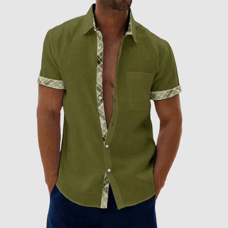 Finn - Summery linen-like shirt with checked collar and button placket-DESTINY