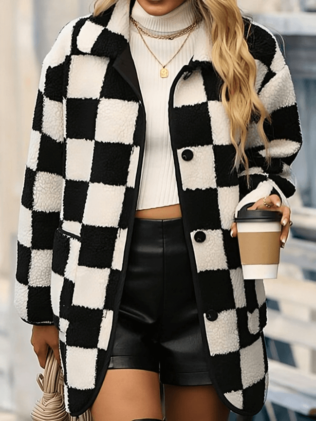 Warm chequered plush lambswool coat for women-DESTINY