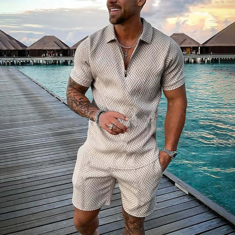 Men's Dark Pattern Casual Short Sleeve Polo Set-DESTINY
