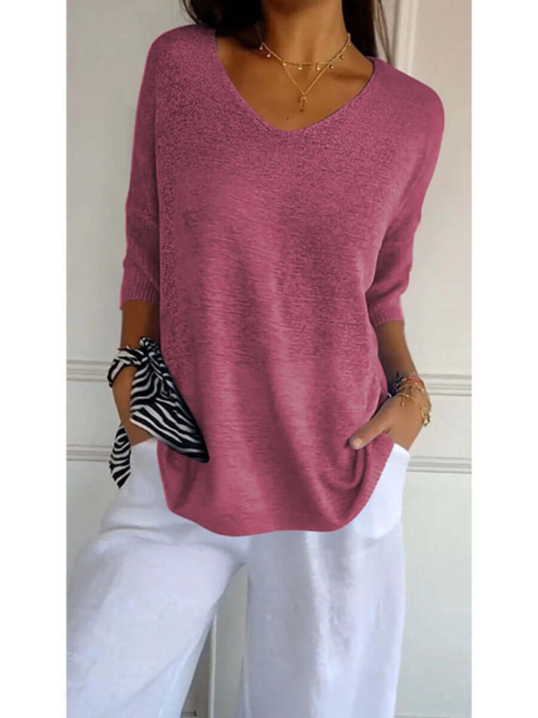Women's Solid Color Knitted 3/4 Sleeve V-neck Top-DESTINY