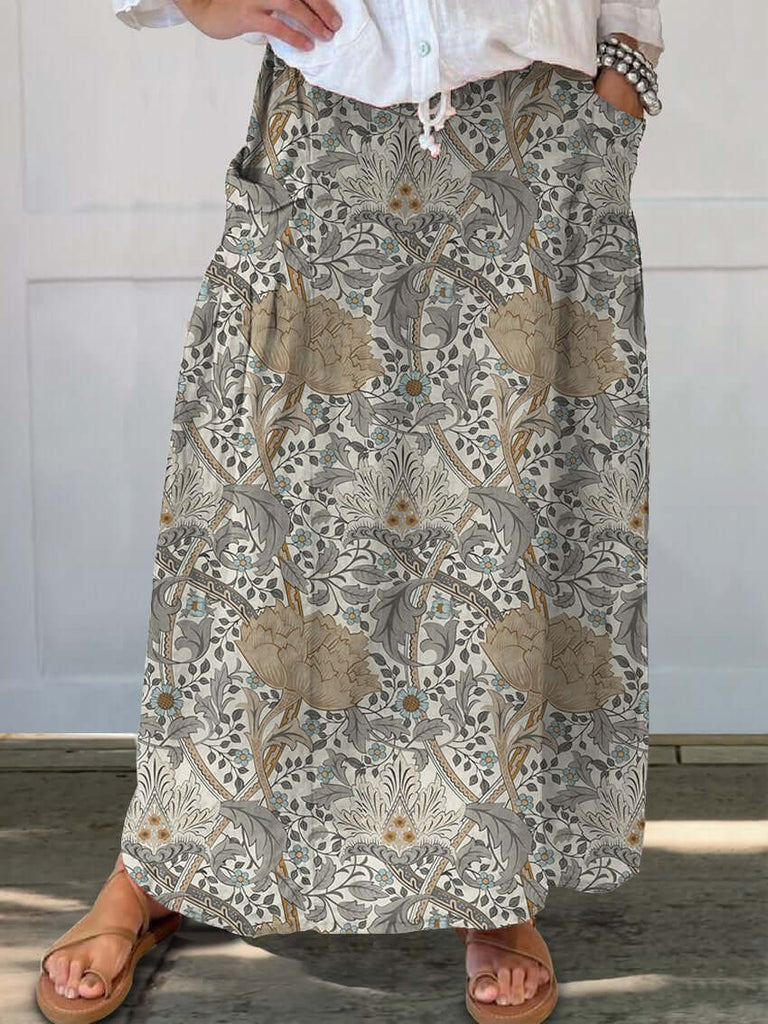 Women's Floral Art Nouveau Linen Pocket Skirt-DESTINY