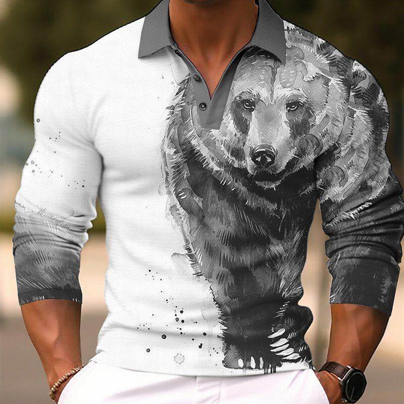 Men's Fashion Bear 3d Printed Long Sleeve Polo Shirt 73323834YY-DESTINY