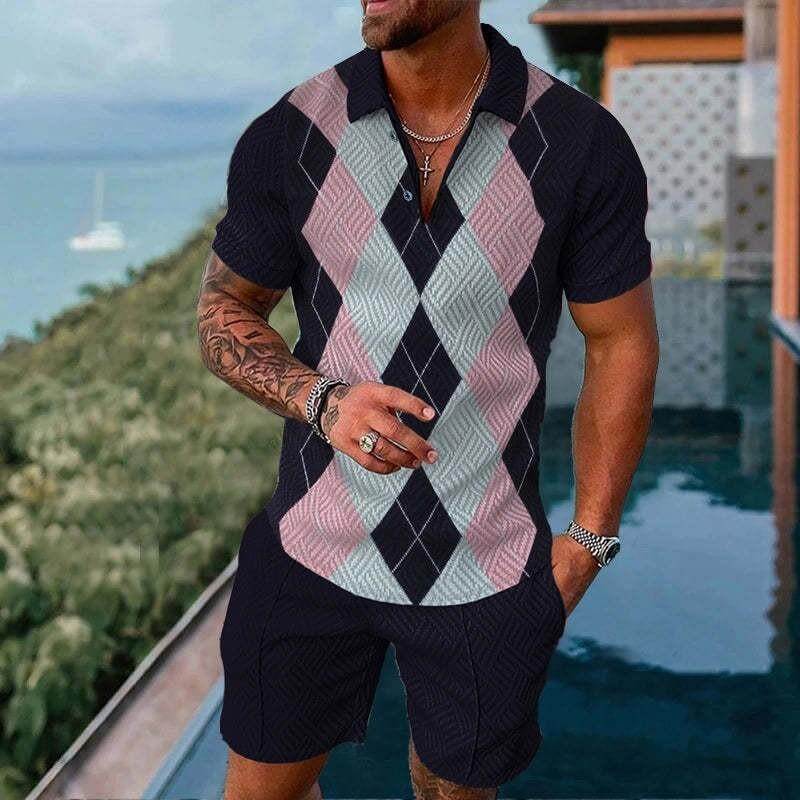 Men's Golf Stripe Casual Polo Shirt Set 24431550L-DESTINY