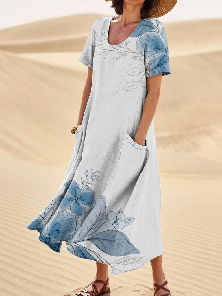 Watercolor And Sketch Floral Art Printed Women's Linen Pocket Dress-DESTINY