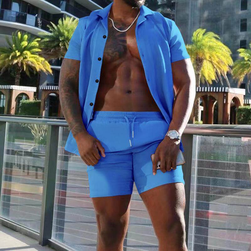 Men's Summer Lapel Short-sleeved Shorts Two-piece Casual Set 78027599L-DESTINY