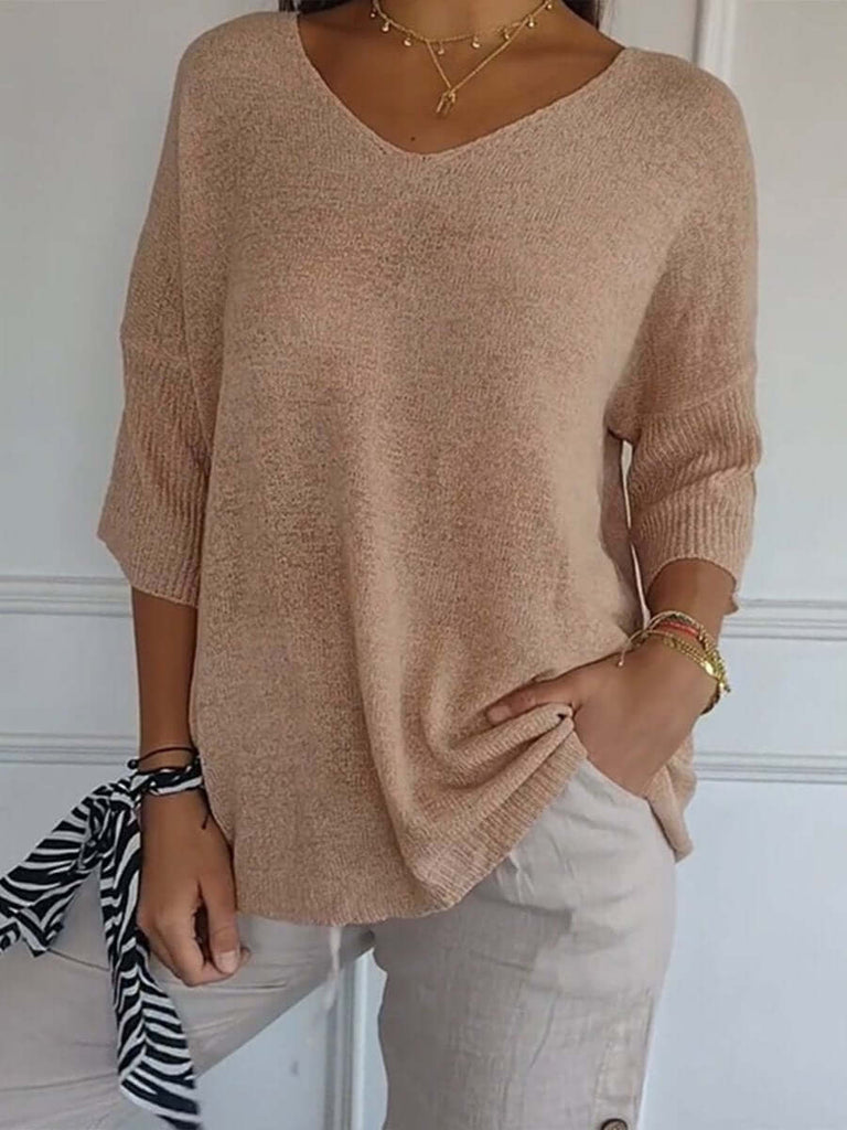 Women's Solid Color Knitted 3/4 Sleeve V-neck Top-DESTINY