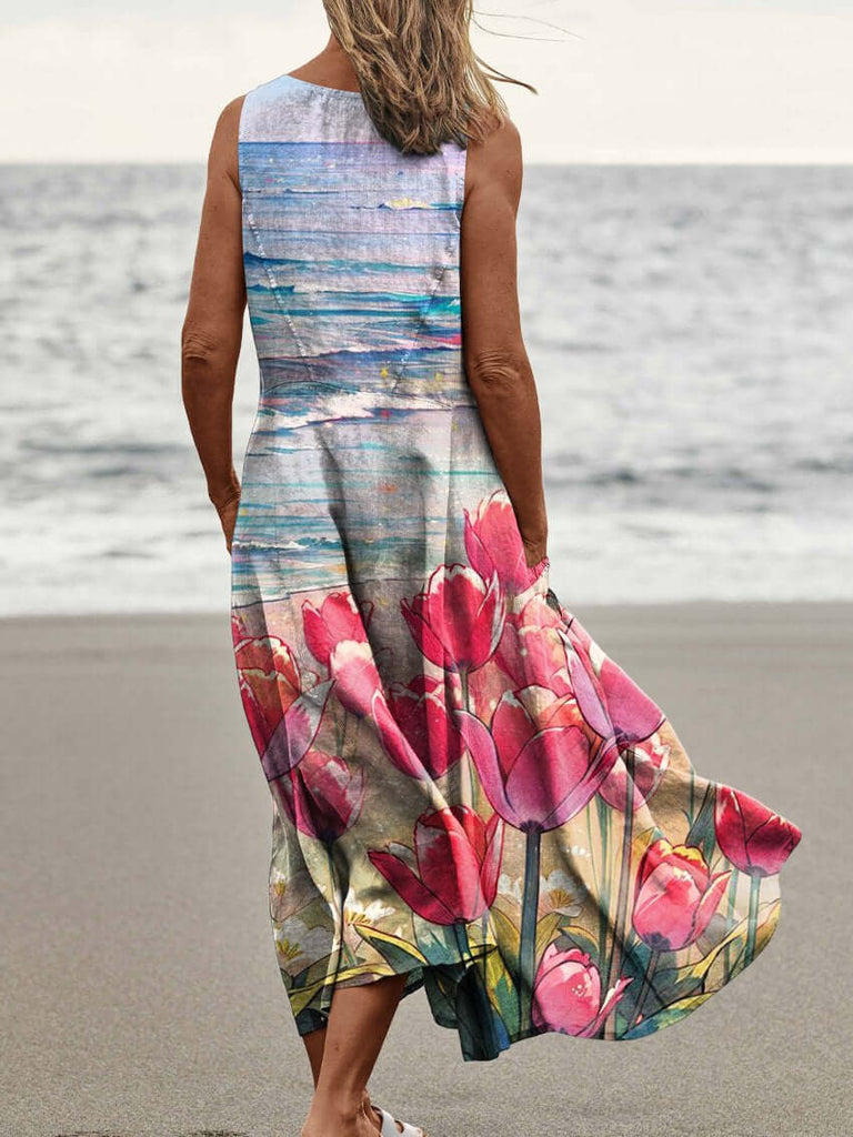 Women's Elegant Flowers Art Print Casual Pocket Pinafore Linen Dress-DESTINY