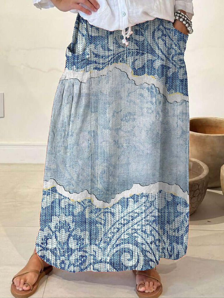 Women's Denim Texture Casual Print Linen Elastic waistband Pocket Skirt-DESTINY