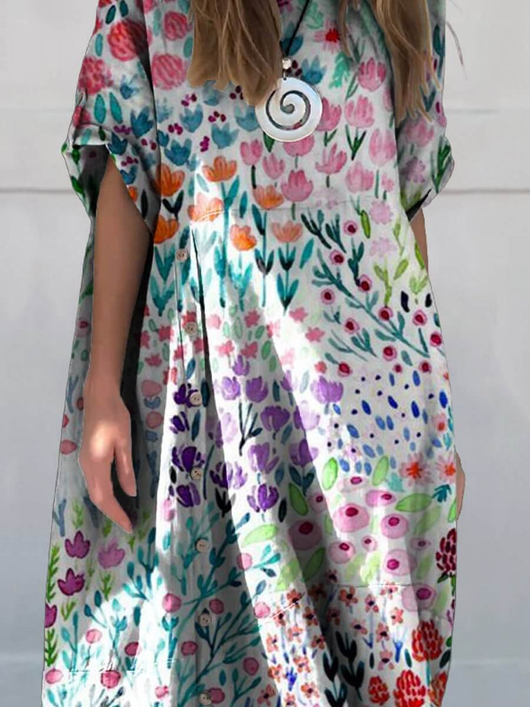 Women's Retro Floral Art Print Linen Cotton Buttons Dress-DESTINY