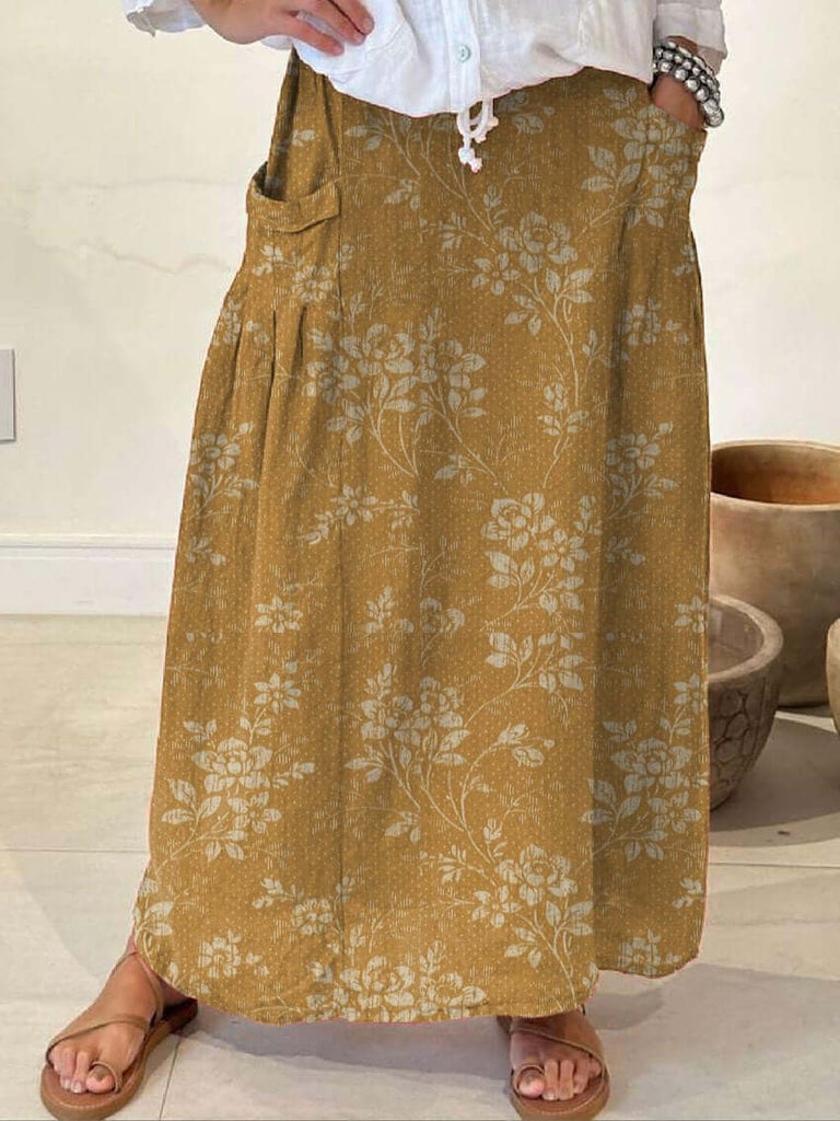 Women's Vintage Floral Linen Elastic waistband Pocket Skirt-DESTINY