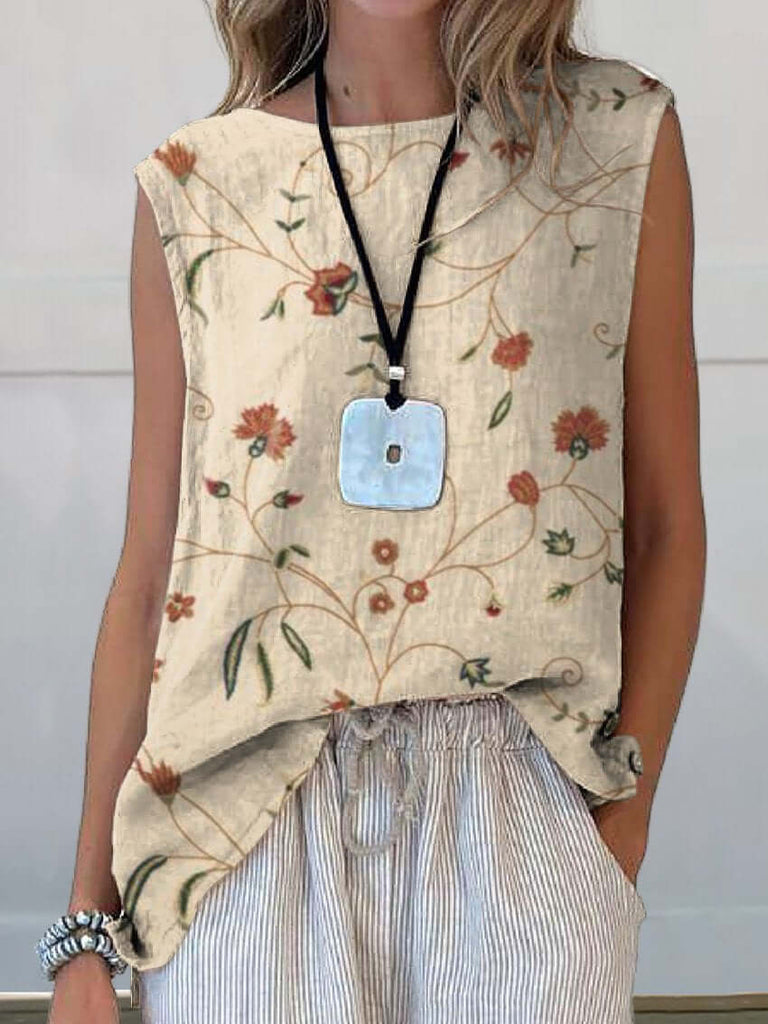 Women's Retro Floral Art Print Casual Cotton And Linen Tank Top-DESTINY