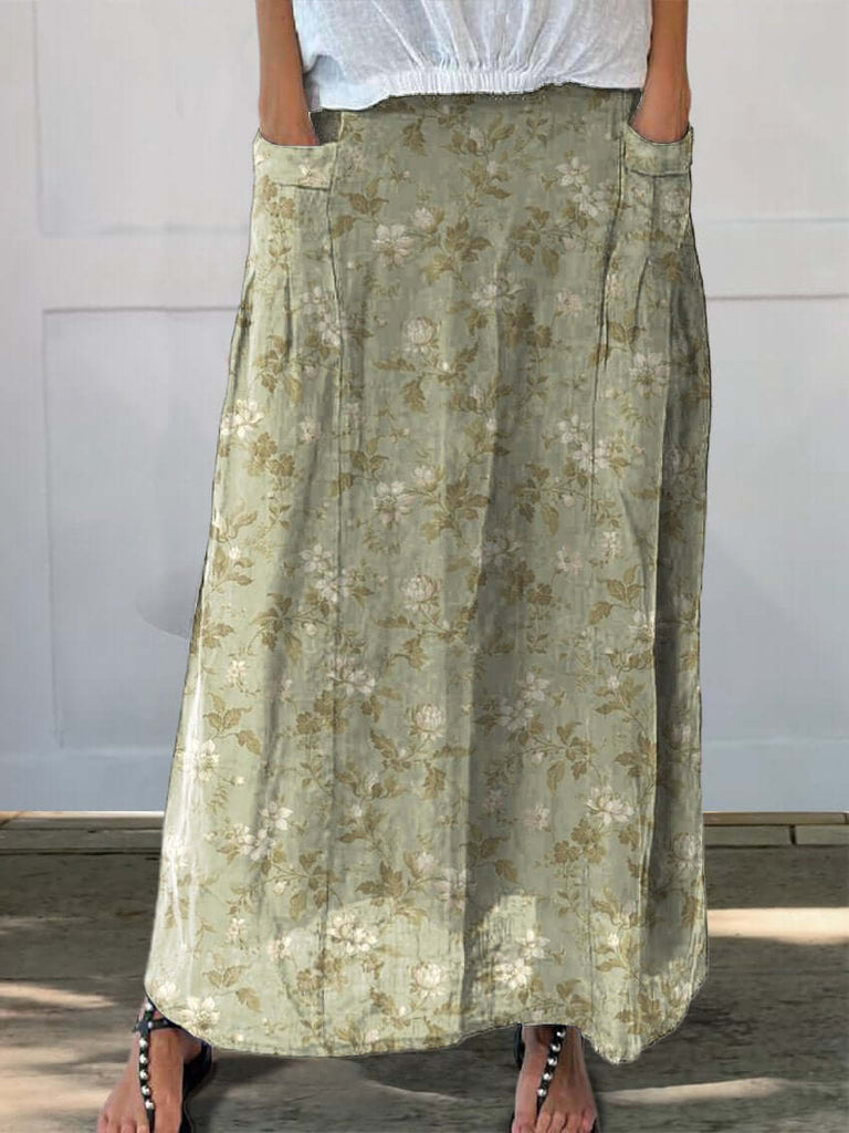 Spring Jasmine Floral Pattern Printed Women's Linen Pocket Skirt-DESTINY