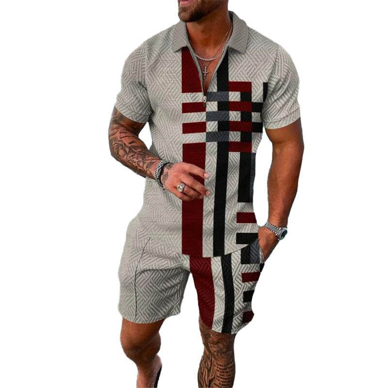 Men's 3D Printing POLO Shirt Lapel Zipper Short Sleeve + Casual Pants Set 12223148YM-DESTINY