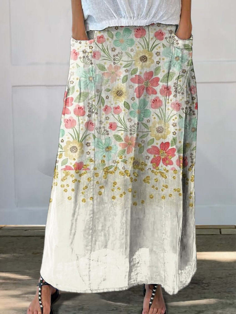 Women's Flowers Gradient Background Casual Print Linen Elastic waistband Pocket Skirt-DESTINY