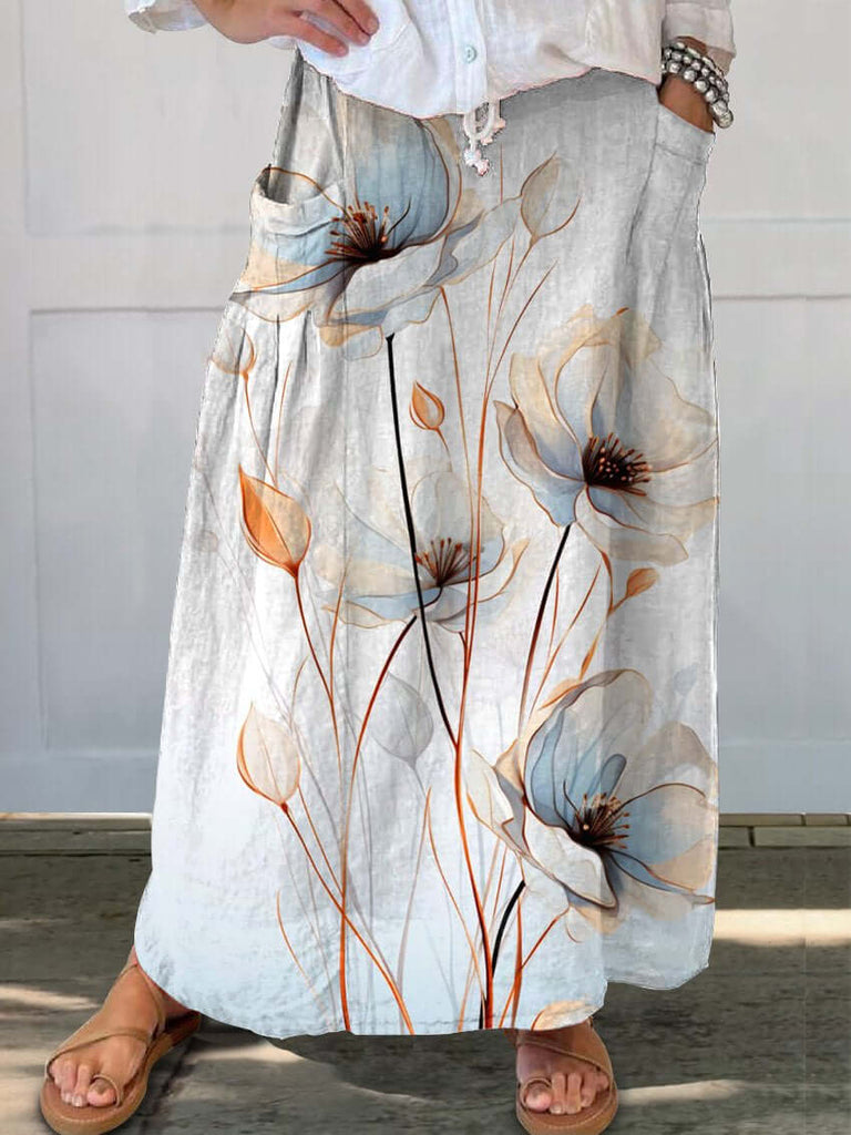 White Floral Art Printed Women's Linen Pocket Skirt-DESTINY