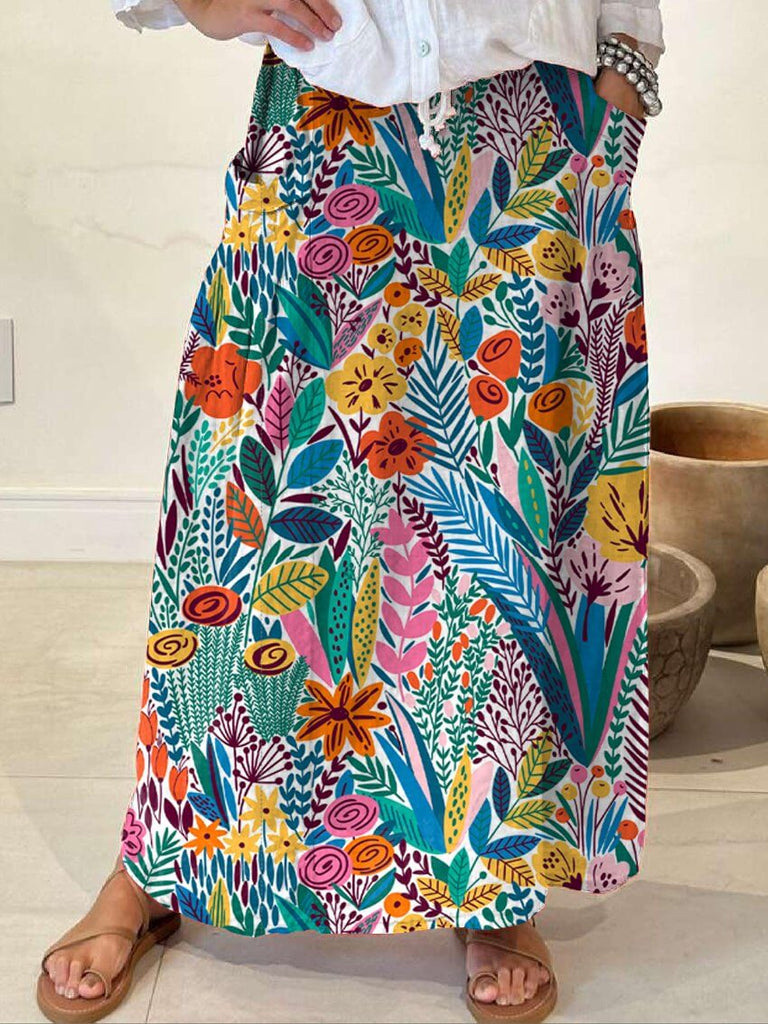 Women's Floral Wallpaper Linen Pocket Skirt-DESTINY