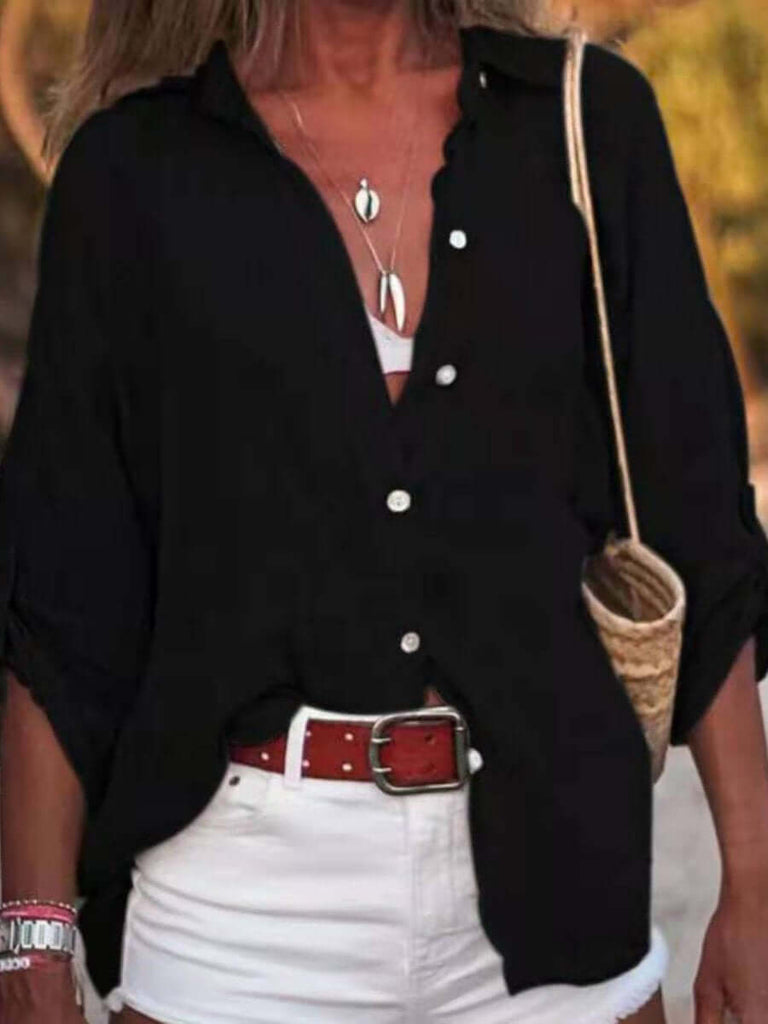 Women's Solid Color Cotton And Linen Loose Fit Shirt-DESTINY